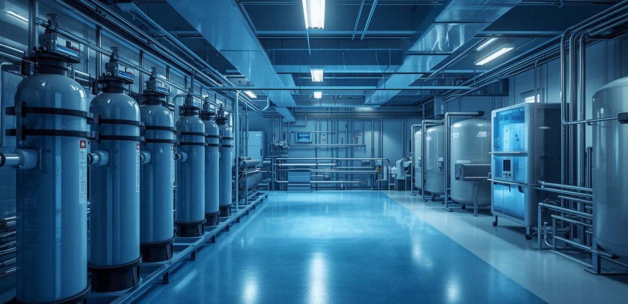 Professional water treatment facility, industrial RO plant, blue tones, clean and modern, photorealistic