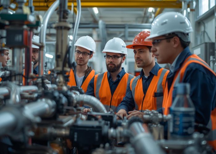 Team of engineers inspecting water purification equipment at an industrial plant, professional, natural lighting